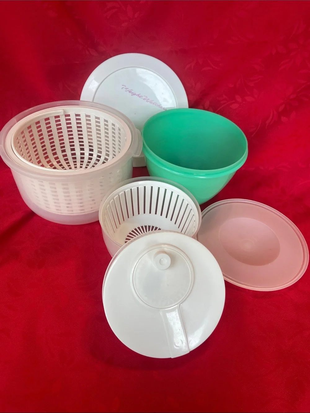 White Salad Spinner Green Lettuce Keeper & Strainer Bowl Set